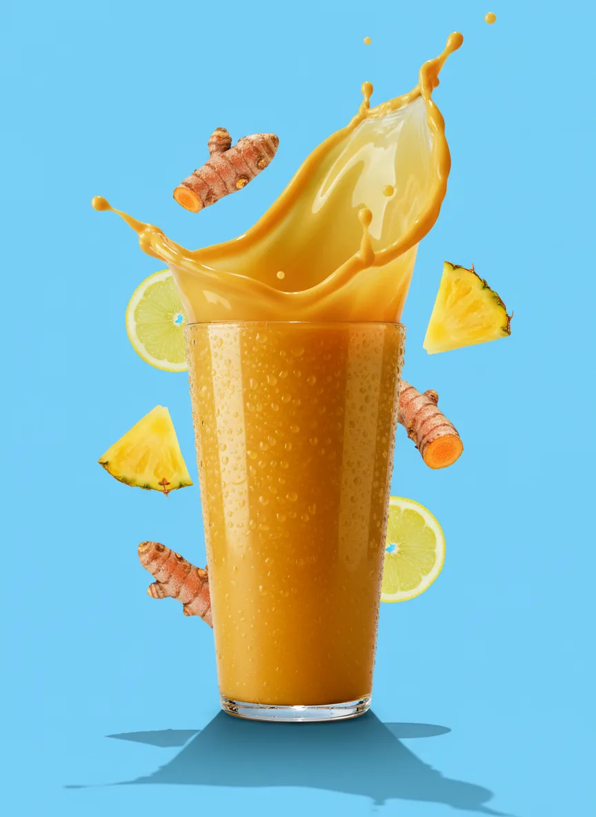 Golden turmeric juice cup on a sky blue backdrop