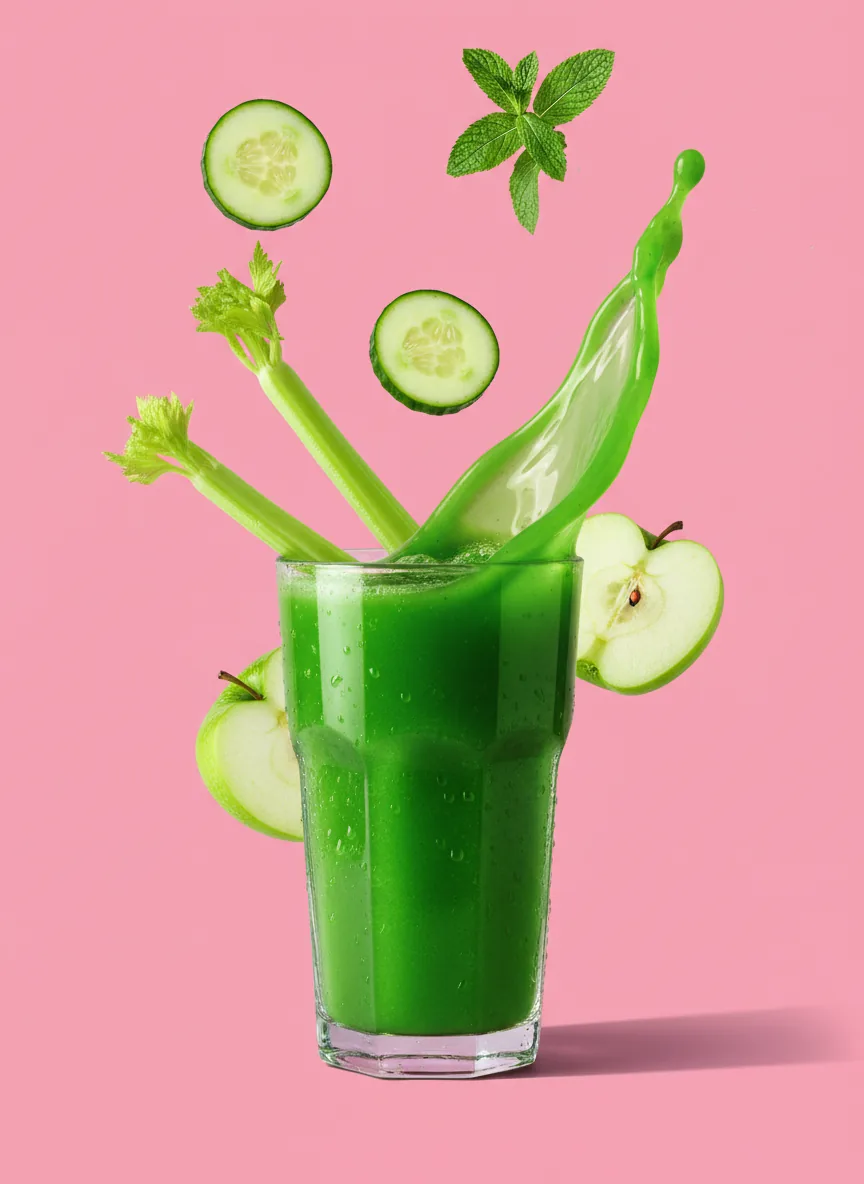 Green juice cup with a fresh splash on a strawberry pink backdrop