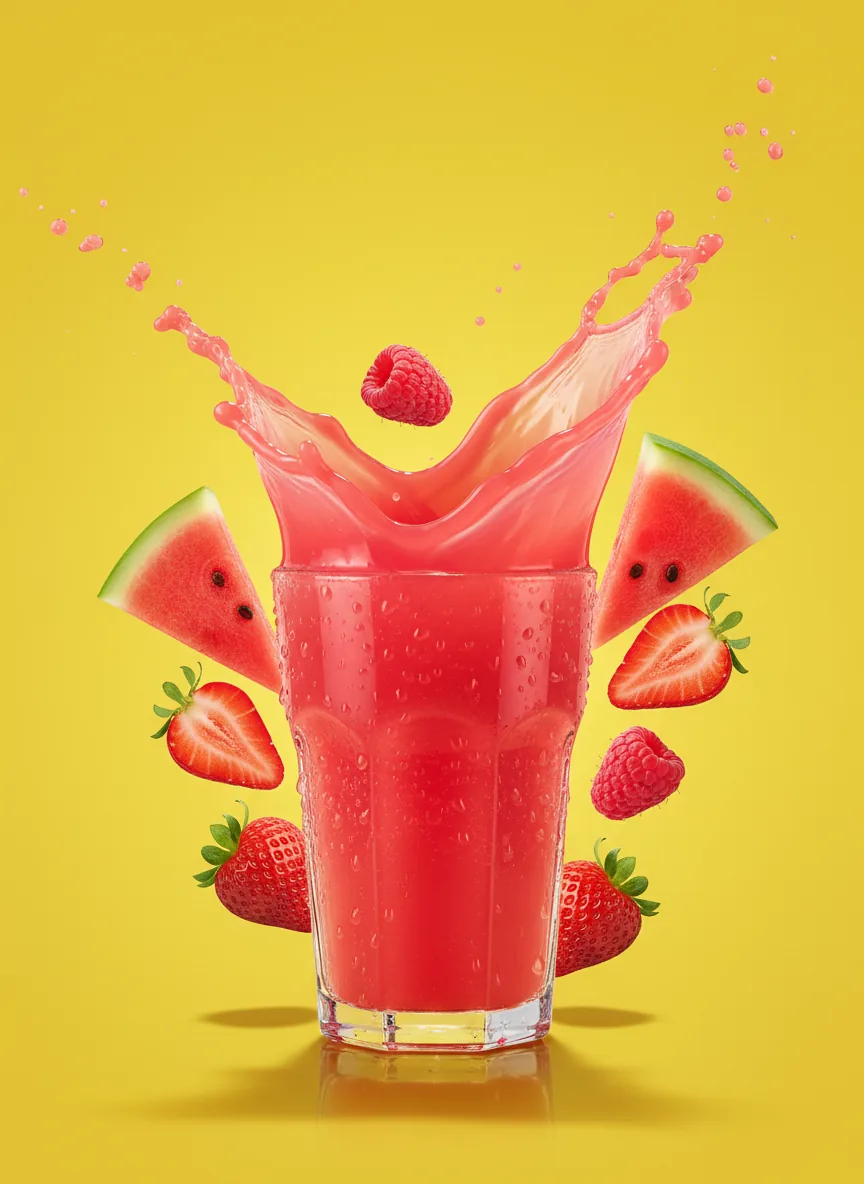 Watermelon pink juice cup on a banana yellow backdrop