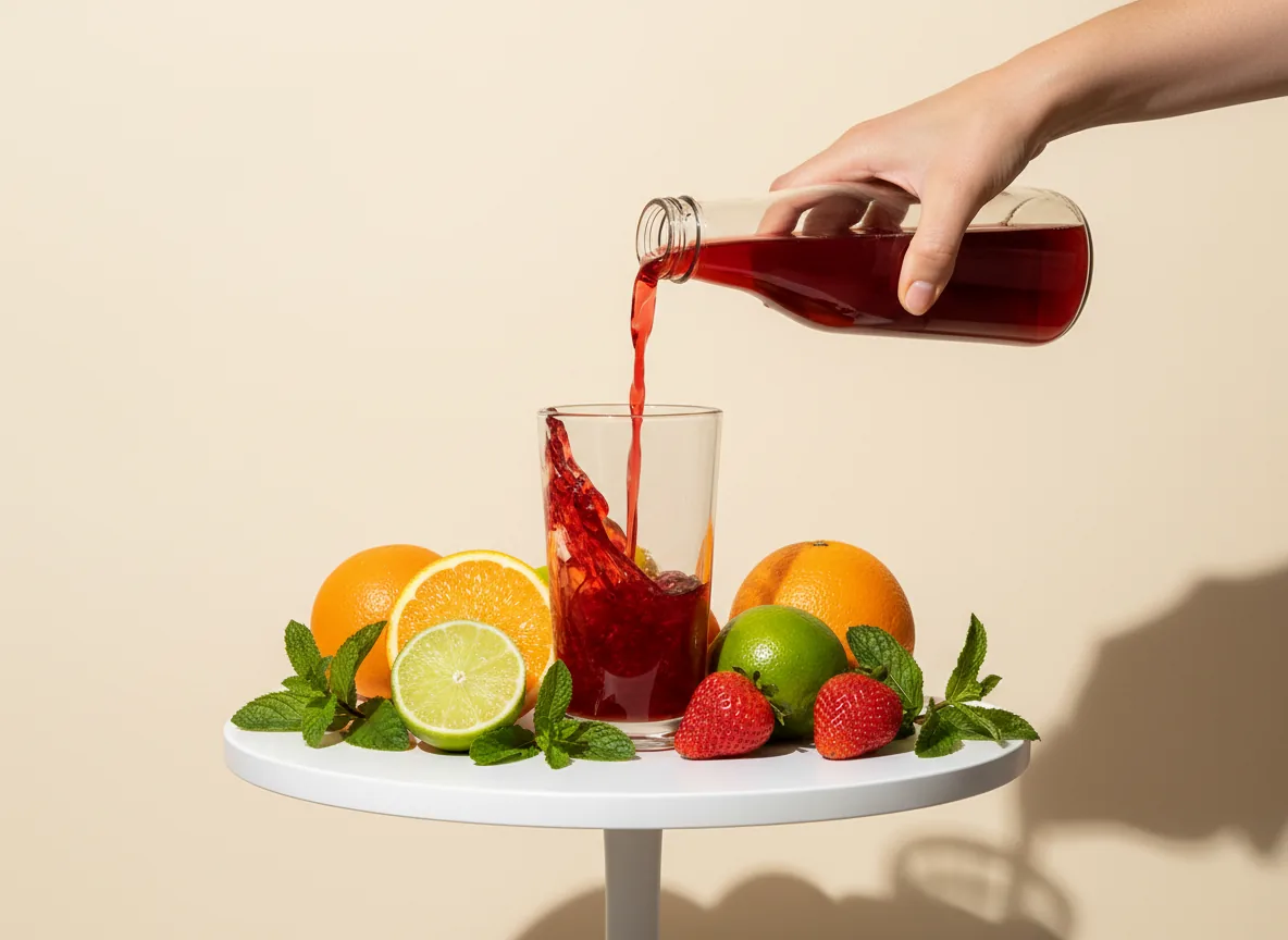 Hand pouring fresh red juice into a cup beside a table of organic fruit